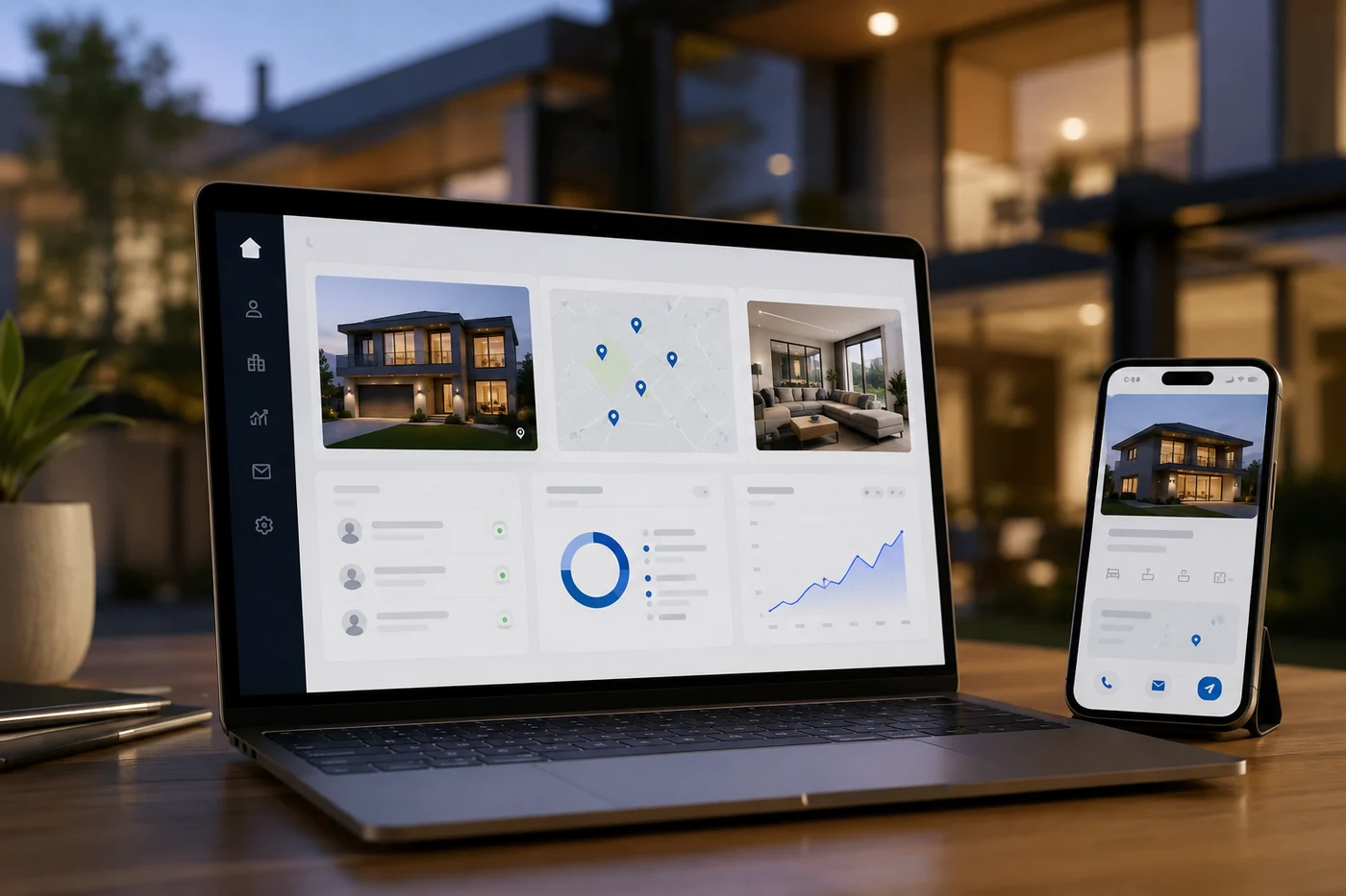 Property lead intelligence dashboard on a laptop and phone, showing listings, a map and analytics