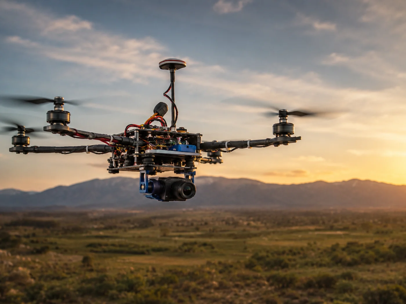 Custom multirotor drone with exposed flight-control hardware and camera, in flight at dusk