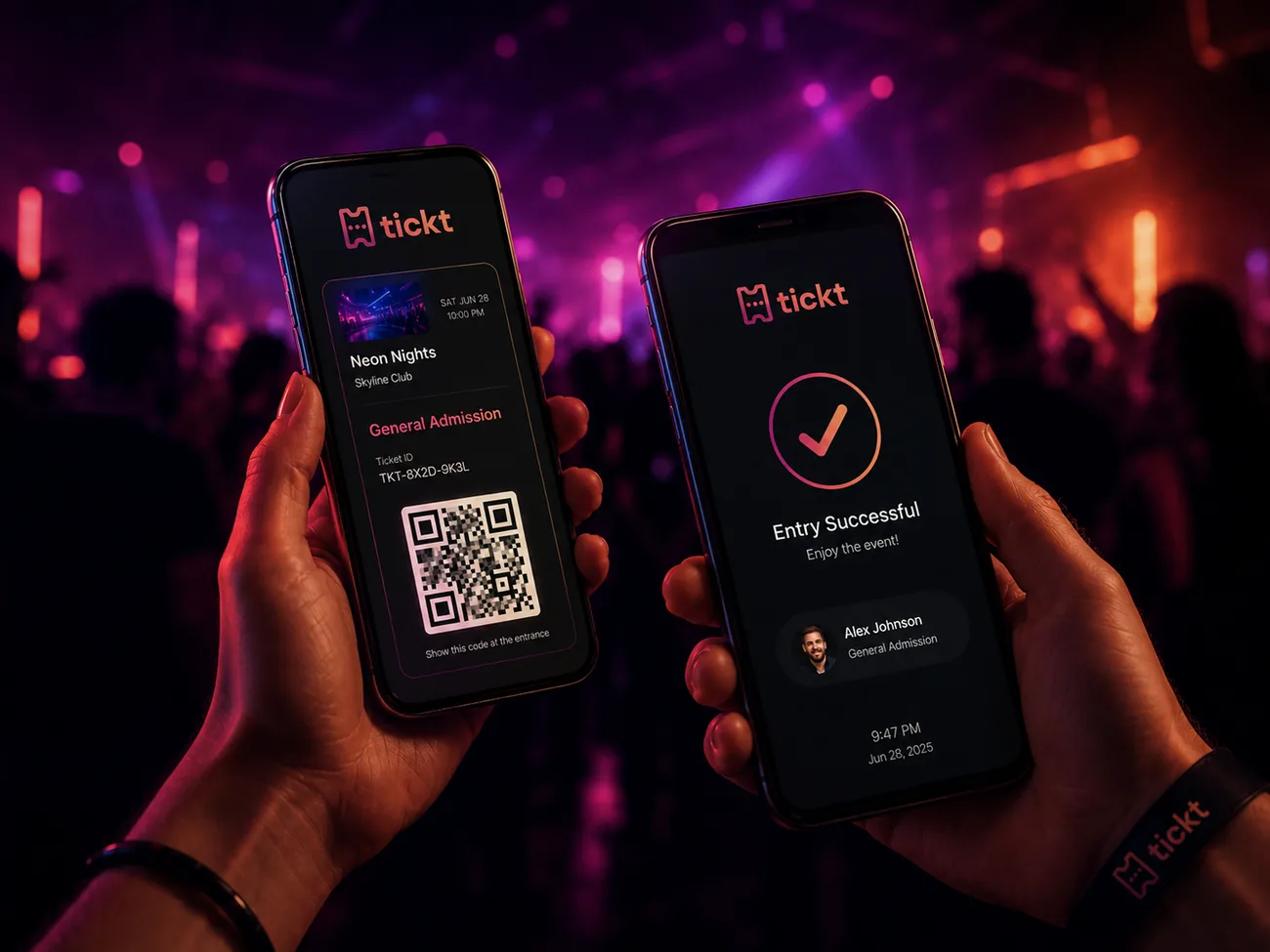 The Tickt app showing a QR event ticket on one phone and a successful entry scan on another